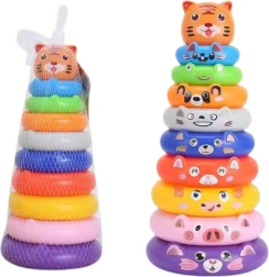 Värviline virnastatav püramiid rõngaste ja loomakleepsega – tiiger