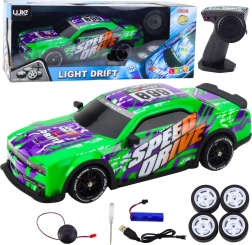 RC sports car with illuminated body and drift – green