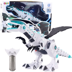 Kaugjuhtimisega RC-robot dinosaurus tulede ja helidega – valge