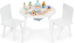 ECOTOYSi laste valge laud kahe tooliga ja võrgust mänguasjade hoiustamisega