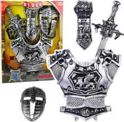 Suur rüütlikomplekt: mask, turvis, mõõk, hõbedane kaitsja