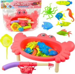 Fishing table set crab – pink, 10 fish, rod and net