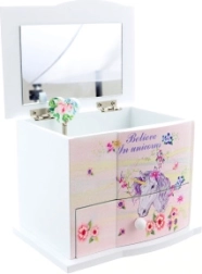 Puidust mängiv ehtekarp ükssarvikuga, peegli ja sahtliga