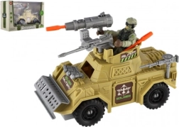 Sõjaline komplekt: soomusauto vabajooksuga, sõdur ja lisatarvikud, plast, vabalt veerev