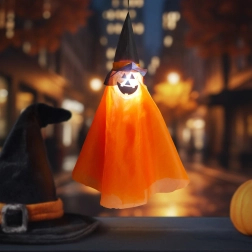 Halloweeni riputatav helendav kõrvitsakaunistus nõiamütsiga