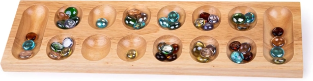 Puidust mäng Mankala värviliste klaasikividega Bigjigs Toys