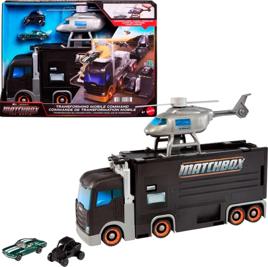Matchbox Mobile Command Center – transforming transport truck with helicopter and 2 cars