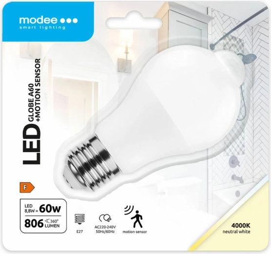 Modee Lighting nutikas LED-lamp A60 8,8 W E27, neutraalne valge PIR-liikumisanduriga