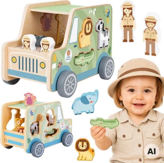 Puidust safari auto sisestusloomadega Tooky Toy