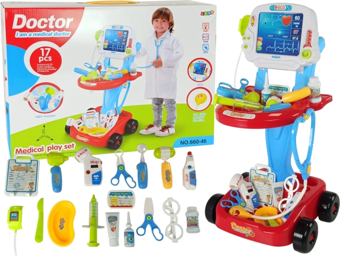 Medical trolley with table and ECG, 17-piece kids set
