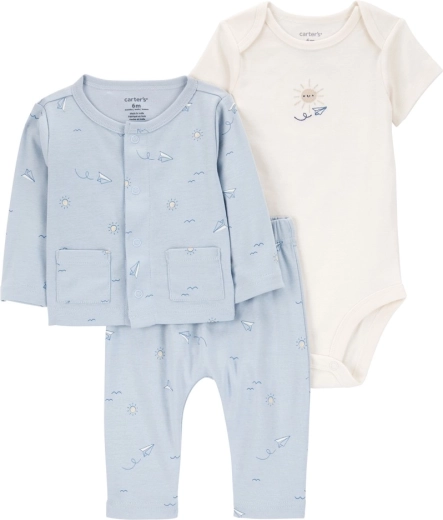 Carter’s laste komplekt 3 tk – dressipluus, lühikeste varrukatega bodi ja dressipüksid Blue Airplane (poisile, suurus 56)