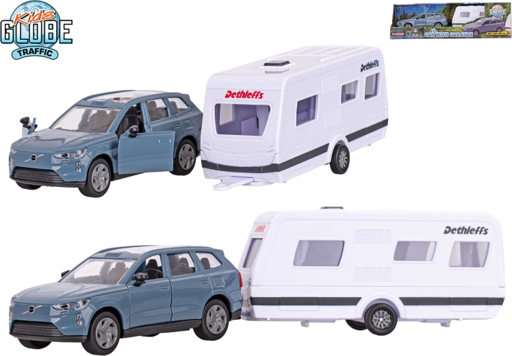Kids Globe Traffic Volvo EX90 Dethleffsi haagissuvilaga – metallist mudel tagasikeritava (pull-back) veduga