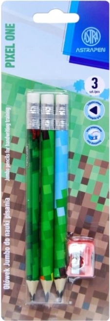 Kolmnurksed HB-pliiatsid koos teritajaga ASTRA Pixel One, 3 tk
