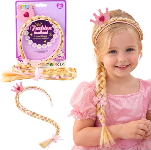Kids' headband with long braid and glittering crown, pink details, 50 cm