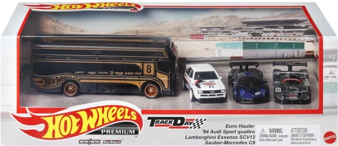 Hot Wheelsi premium-komplekt: 3 mudelautot koos meeskonna veokiga