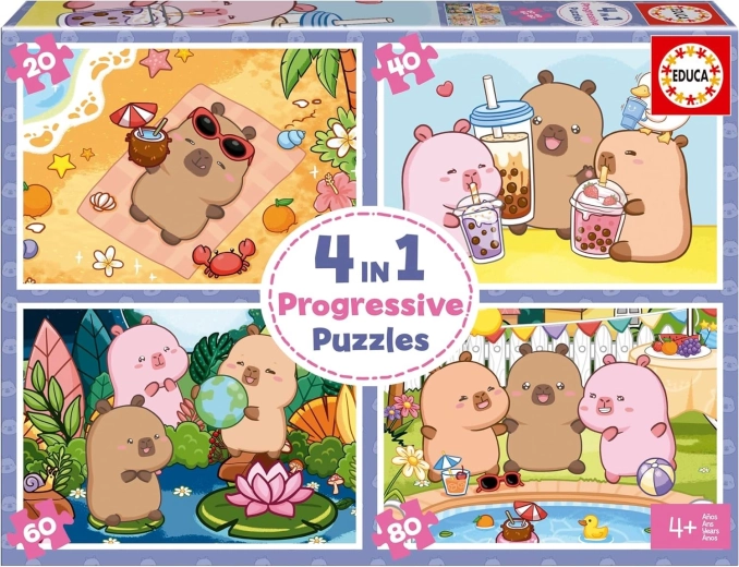 Educa puzzle CapyFun 4 ühes – progressiivsed laste pusled (20, 40, 60, 80 tükki)