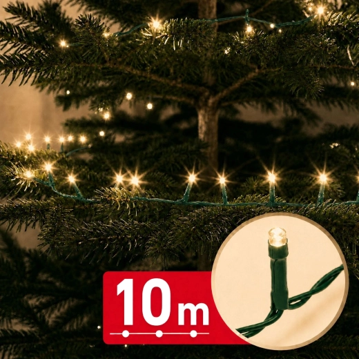 10 m LED string lights with 200 LEDs, warm white, green cable