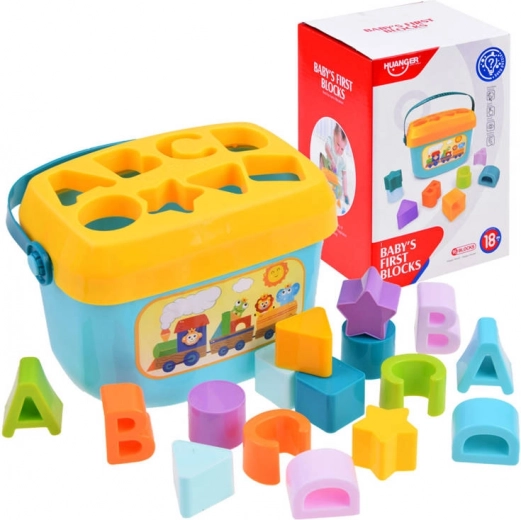 Educational Set – Bucket with Blocks and Letters, Shape Sorter, 16 Pieces