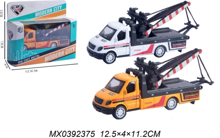 Die-cast tow truck model with pull-back drive