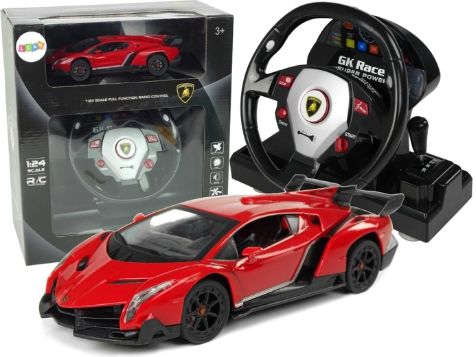 RC-auto Lamborghini Veneno 1:24 roolipuldiga, helide ja tuledega – punane