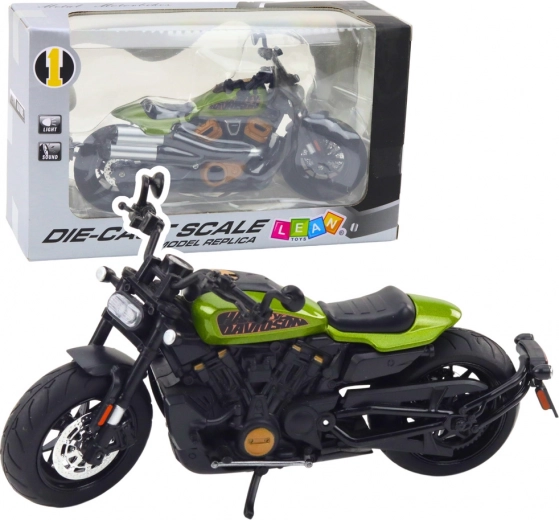 Metal chopper model 1:12 with lights and sounds – black with green accents