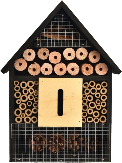 Insect hotel made from natural wood, black, 22 × 9 × 30 cm