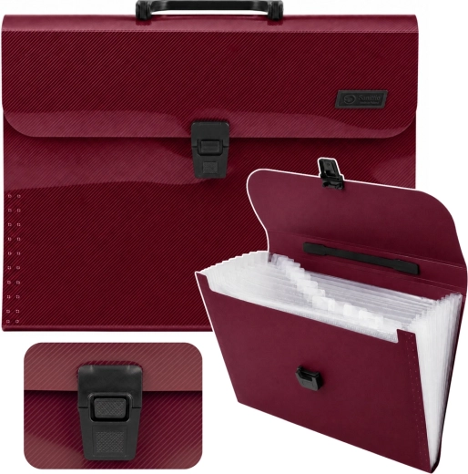 Accordion document filing case for A4 documents with handle, 13 compartments, burgundy
