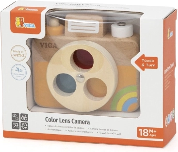 Wooden camera with colorful lens for kids