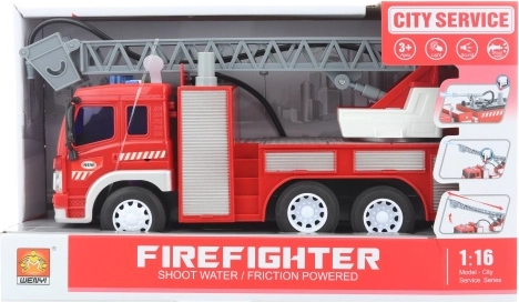 Battery-powered fire truck with lights, sounds, and water spraying