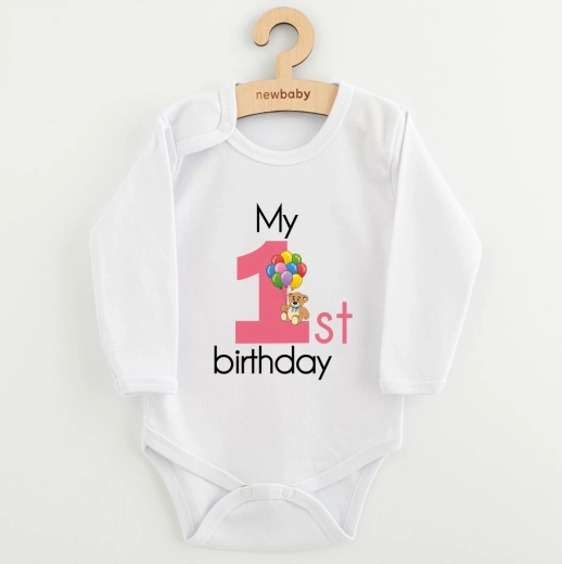 Trükiga beebibody New Baby My First Birthday roosa, suurus 86 (12–18 kuud)