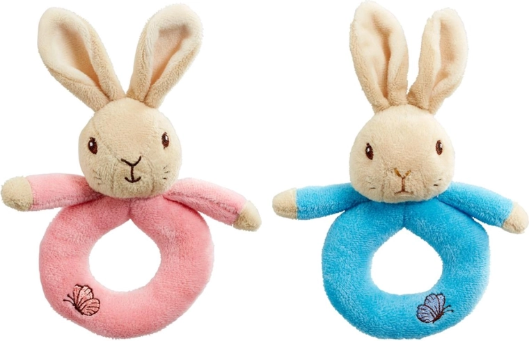 Rainbow rattle ring – bunny Peter Rabbit and Flopsy (pink)