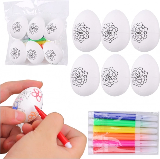 Foam Easter eggs for painting with flower pattern, set of 6 pcs with markers