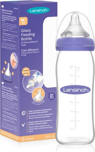 Lansinoh klaasist beebipudel NaturalWave lutiga (M) 240 ml