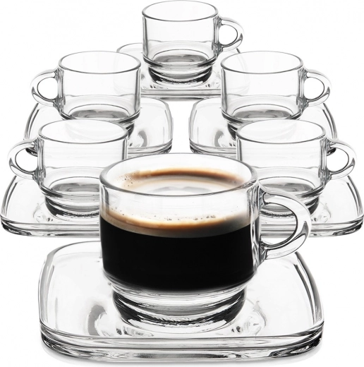 Klaasist espresso tassid ruudukujuliste alustaldrikutega 75 ml, komplekt 6 tk