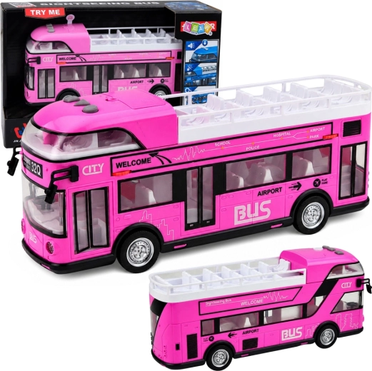 Pink double-decker city bus for kids with lights, sounds, and opening doors