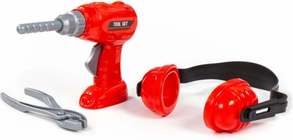 Kids’ tool set with drill, ear protectors, and pliers