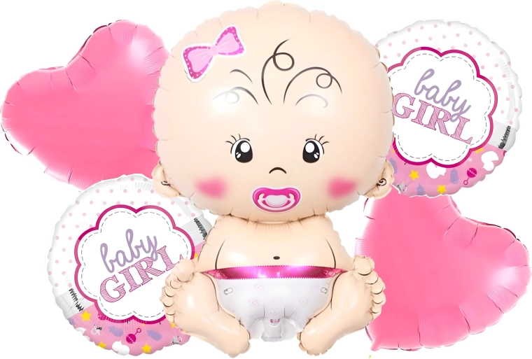 Õhupallid tüdruku baby shower’iks – 5 tk komplekt tähtede ja beebimotiiviga