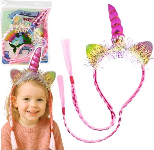 Pink unicorn headband with horn, ears and braids