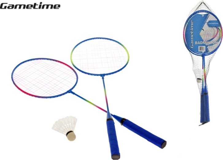 Set of 62.5 cm badminton rackets with shuttlecocks in a mesh bag