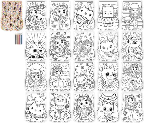 All in one: coloring pages, colored pencils and stickers