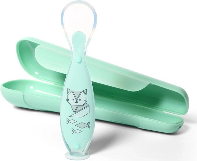 BabyOno silicone spoon with suction cup and case, pink 6m+