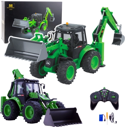 RC ratastega traktor-ekskavaator HUINA 1:14 roheline tulede ja helidega