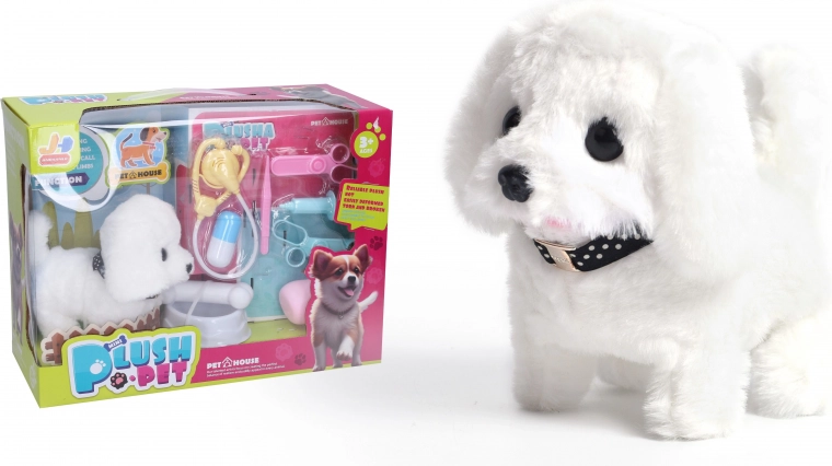 Walking plush white puppy 15 cm