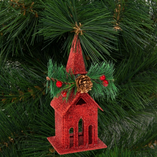 Red Glitter Christmas Church with Hanger