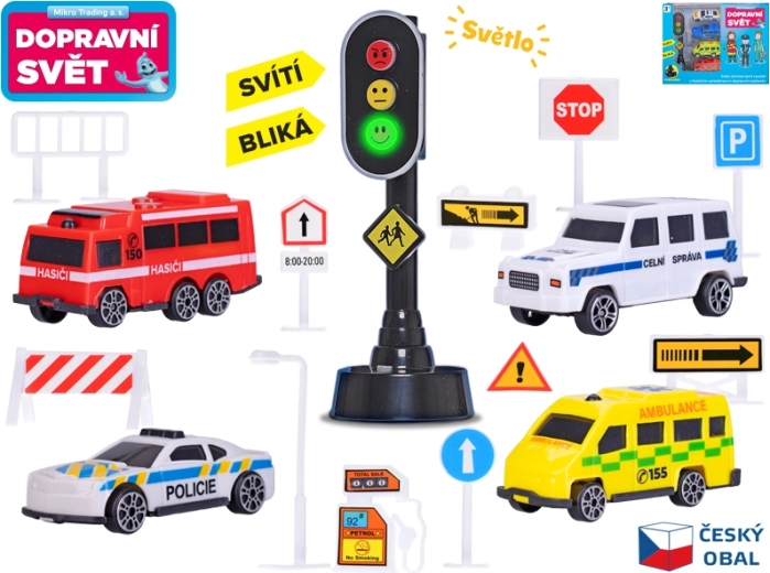 4 auto komplekt liiklusmärkide ja valgustusega fooriga