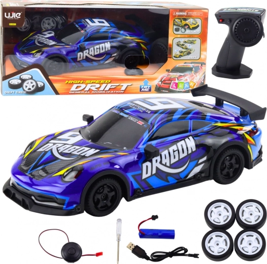 RC sports car with illuminated body and drift – blue