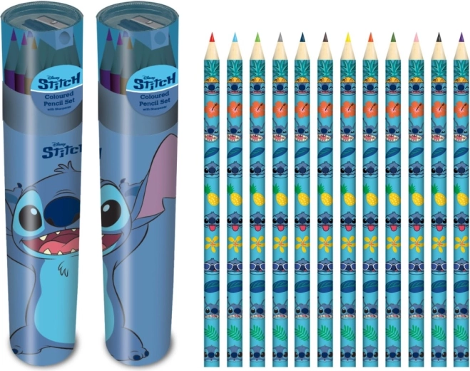 Lilo & Stitch värvipliiatsite komplekt tuubis koos teritajaga (12 värvi)