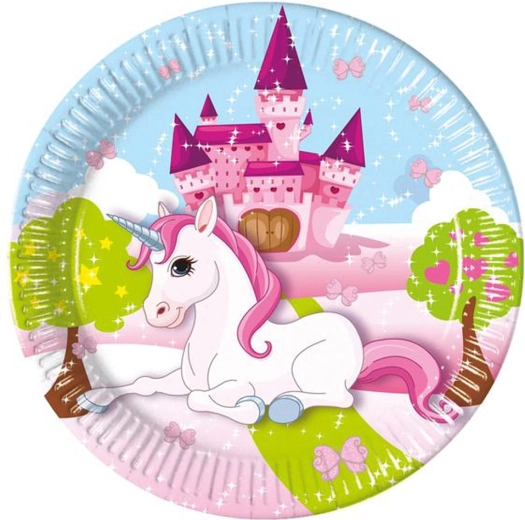 Ükssarvikuga pabertaldrikud 20 cm, 8 tk