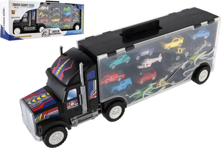 Veokauto-transporter läbipaistva hoiukohvriga ja 14 autoga, 57 cm
