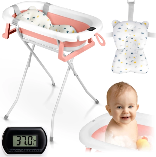Kokkupandav laste vann aluse, termomeetri ja sisuga RICOKIDS valge-roosa